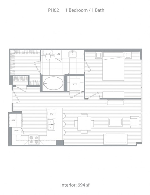 Floor plan for 1 bed, 1 bath, 694 sqft